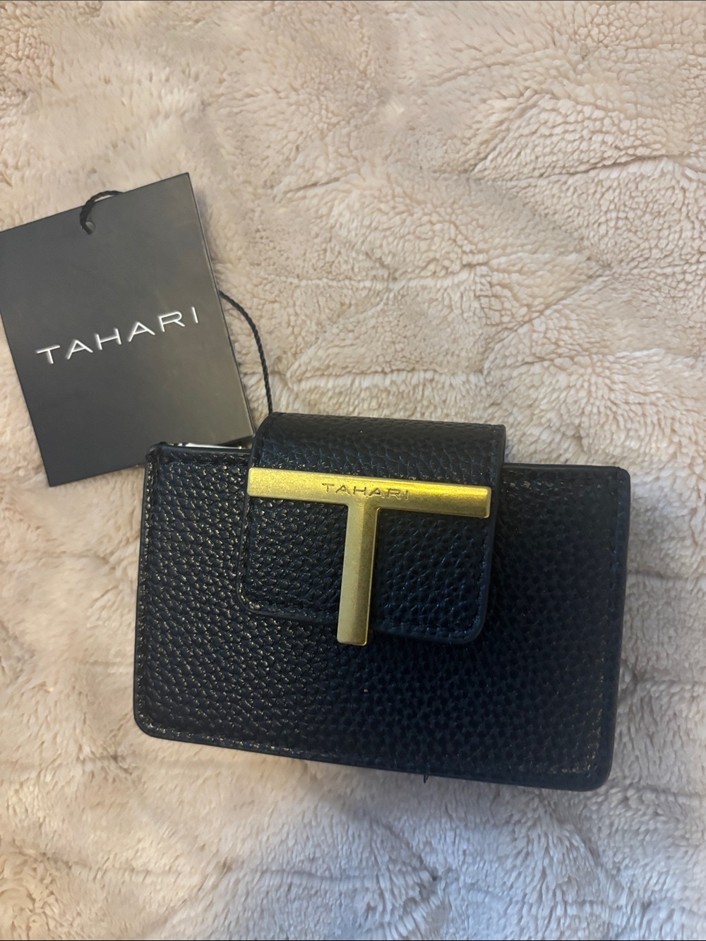 Tahari Black Wallet Phone Case with Gold T-Bar Accent